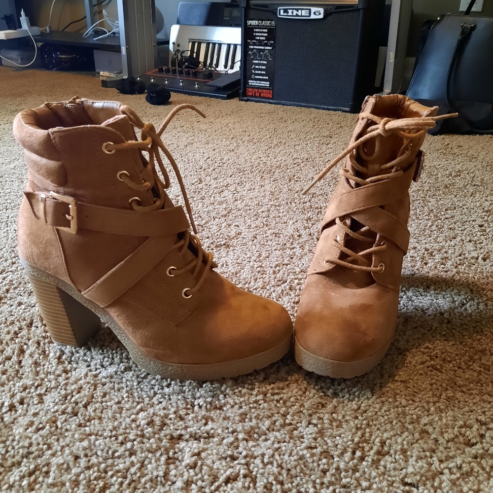 JustFab Tan Combat & Moto Boots